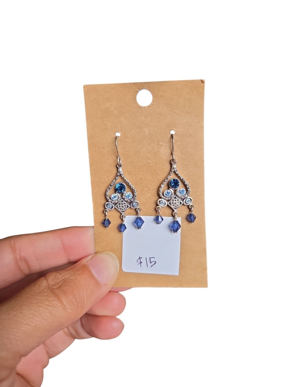 Silver-Tone Blue Crystal Drop Earrings 2"